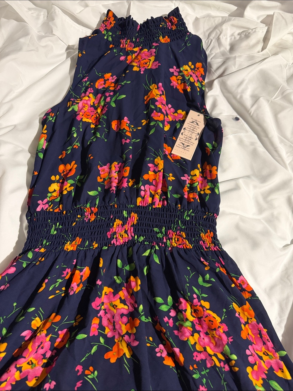 Nanette Lepore Navy Floral Smocked Waist Sleeveless Dress - Picture 3 of 7